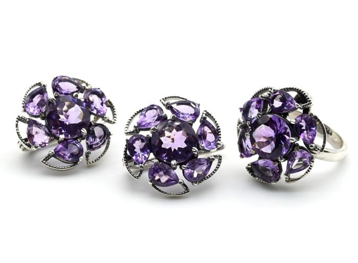 Ring and Earrings with amethyst 23mm, size 19, 17g