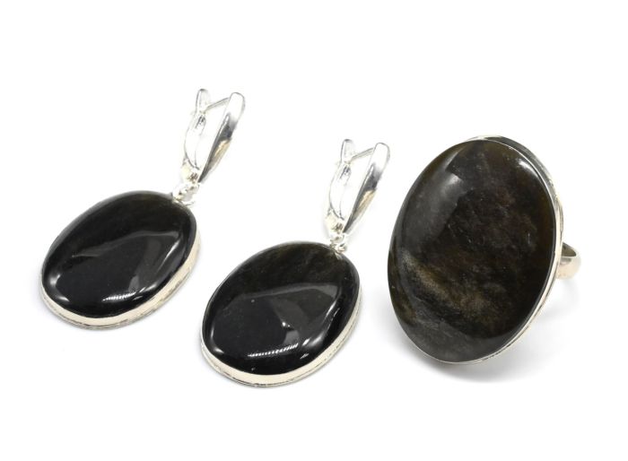 Obsidian gold Oval ring and earrings, size-18.5