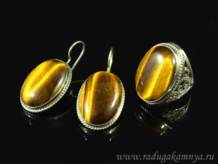 Tiger Eye ring and earrings, size-19