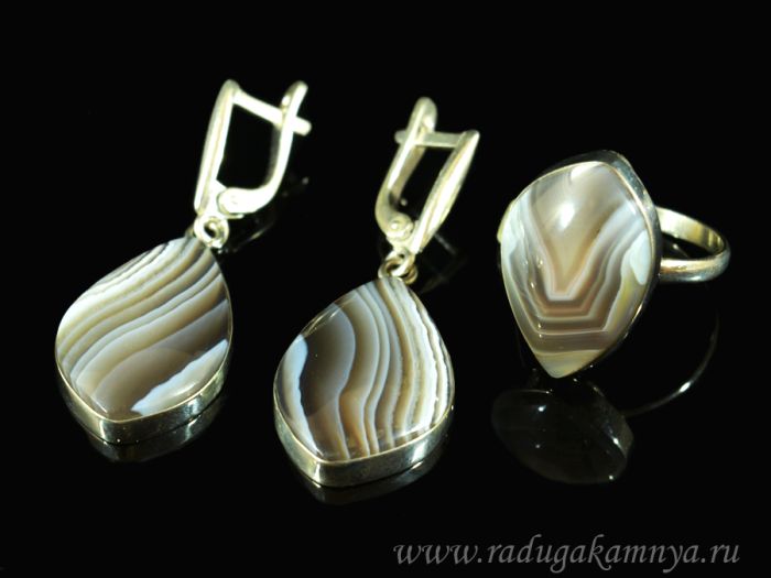 Ring and earrings with agate, size-18