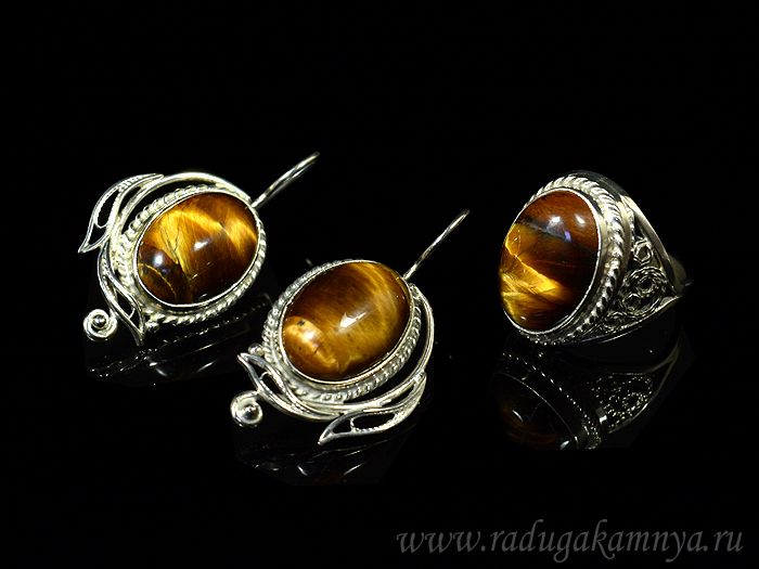 Ring and earrings with tiger's eye, size-17.5