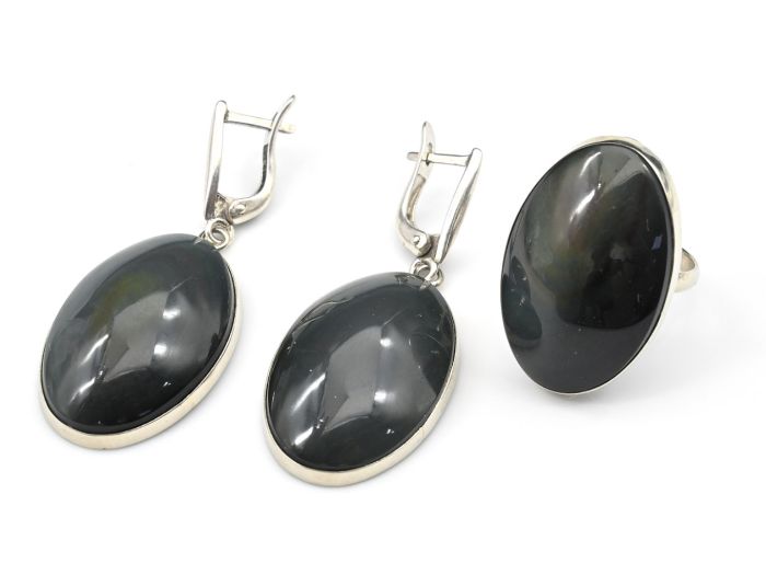 Obsidian rainbow ring and earrings, size-18