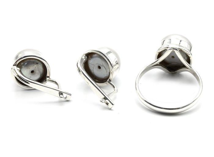 Ring and Earrings with grey pearl circle 12mm, size 19, 10.3g