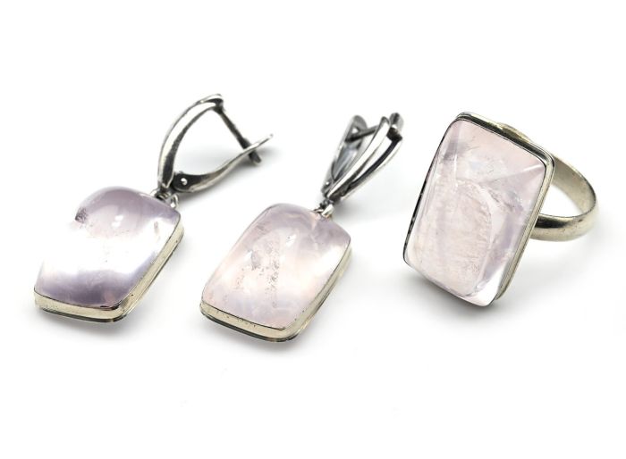 Rose quartz " Rectangle " ring and earrings, size-18.5