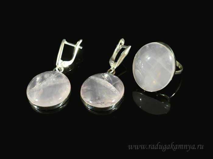 Ring and earrings with rose quartz, size-18