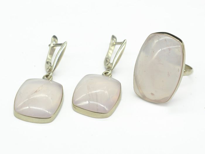 Ring and earrings with rose quartz " Rectangle ", size-17.5