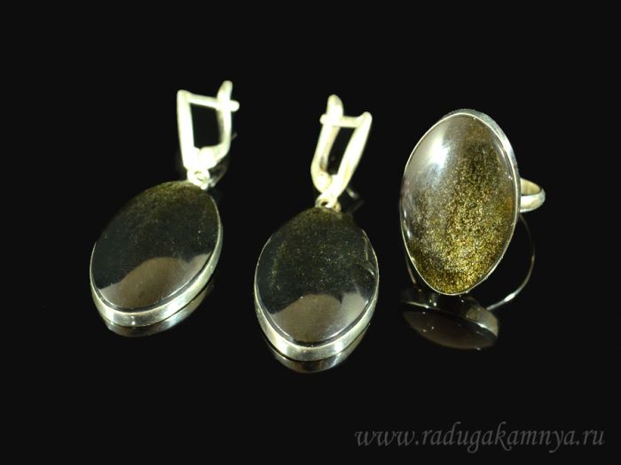 Ring and earrings made of obsidian gold " Oval ", size-18.5