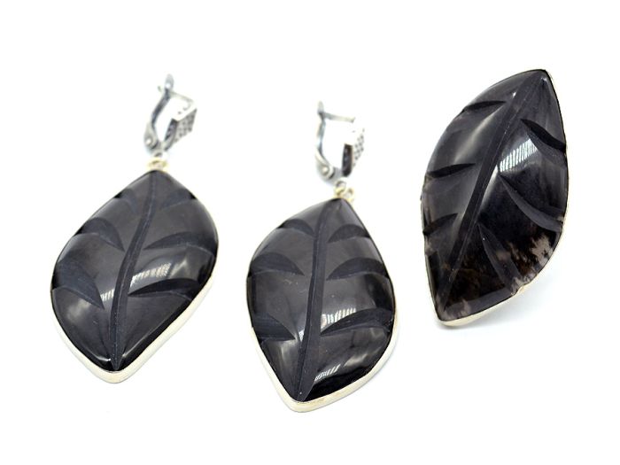 Obsidian " Leaf " ring and earrings, size-18.5