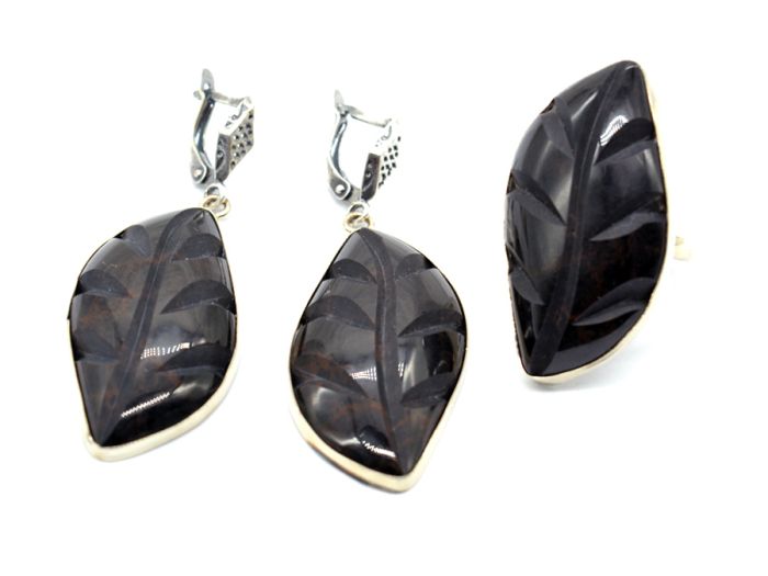 Obsidian "Leaf" ring and earrings, size-17