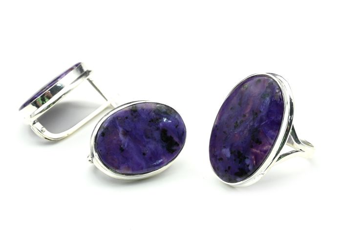 Ring and Earrings with charoite oval 20*26mm, size 18.5, 19.1g