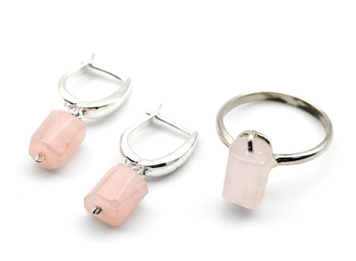 Ring and earrings with rose quartz, size-18.5