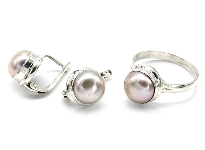 Ring and Earrings with pink pearl circle 11mm, size 19.8 g