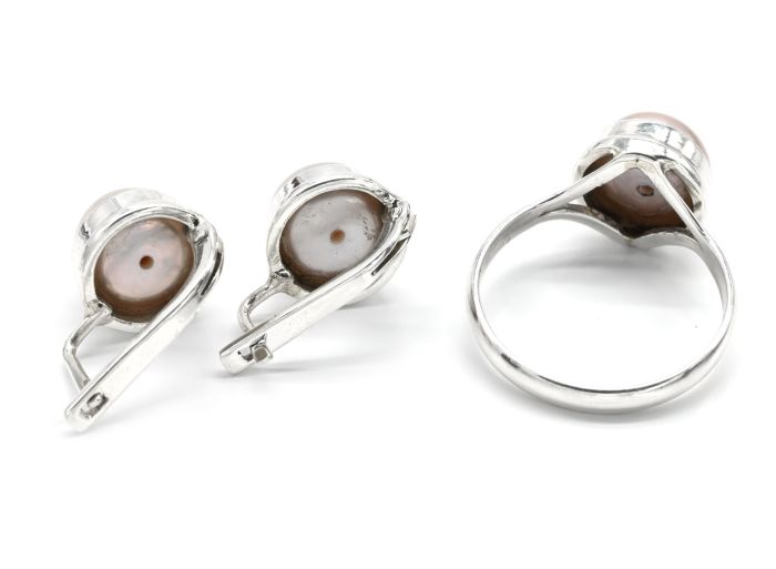 Ring and Earrings with pink pearl circle 11mm, size 19.8 g