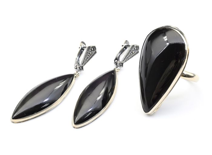 Obsidian rainbow ring and earrings, size-18.5