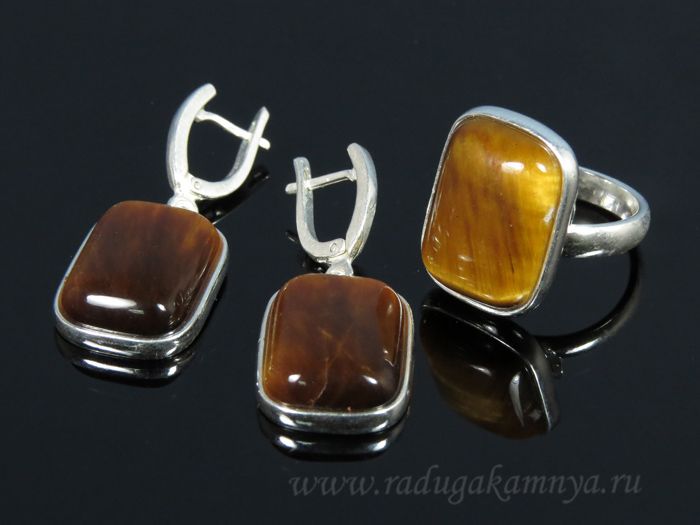 Ring earrings with tiger's eye in silver rectangle 17*22mm