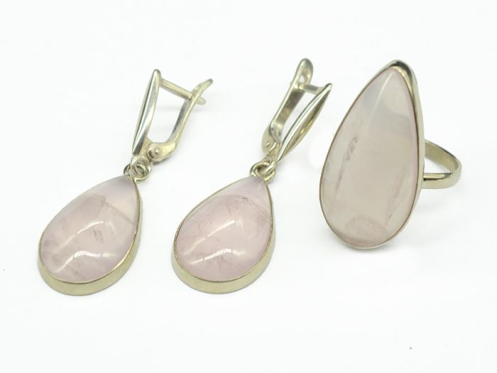 Ring and earrings with rose quartz " Drop ", size-17.5