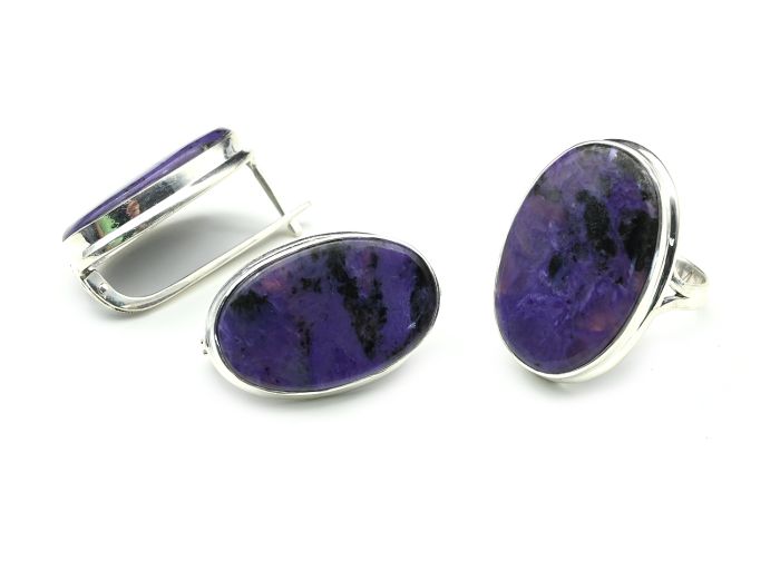 Ring and Earrings with charoite oval 18*28mm, size 18, 21.5g