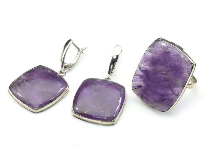 Rectangle Amethyst ring and earrings, size-19