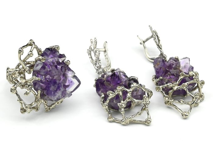 Amethyst ring and earrings, size-17.5