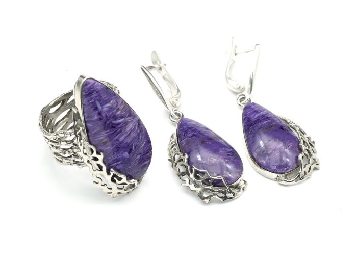 Ring and earrings made of charoite, size-18