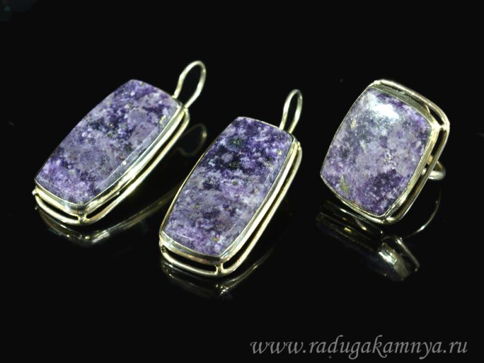 Ring and earrings made of fluorite "Rectangle", size-18.5