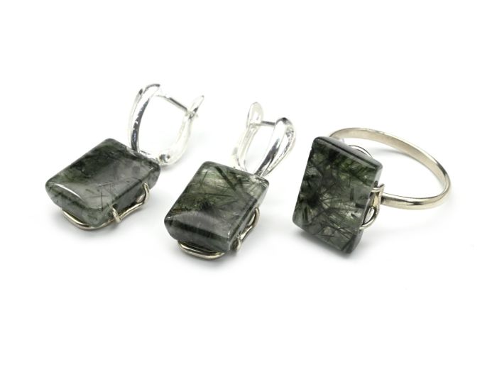 Quartz ring and earrings with actinolite (hairy), size-20