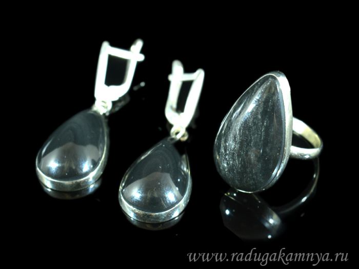 Obsidian ring and earrings, size-18.5