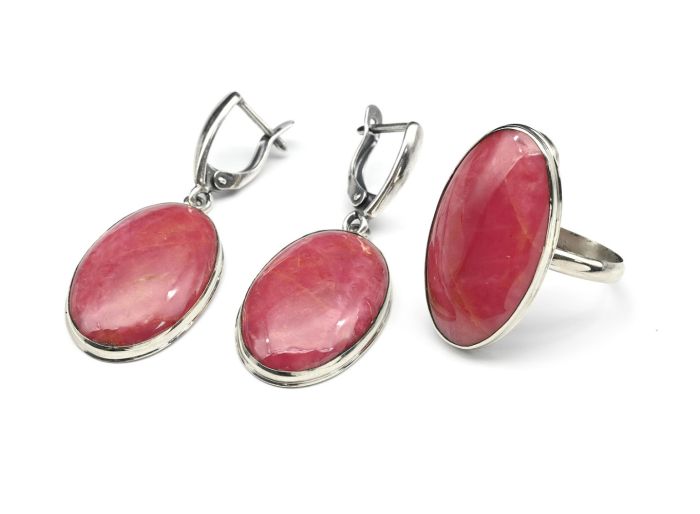 Ring and earrings made of rhodonite "Orletz", size-18.5