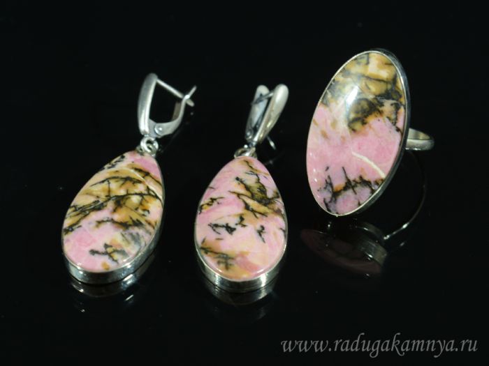 Ring and earrings with rhodonite, size-19