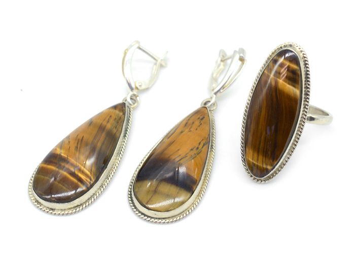 Tiger eye ring and earrings, size-18.5