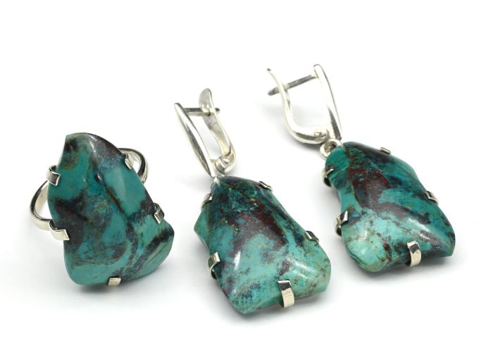 Chrysocolla ring and earrings, size-17.5