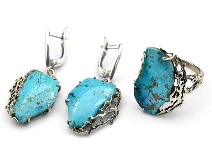 Chrysocolla ring and earrings, size-19.5