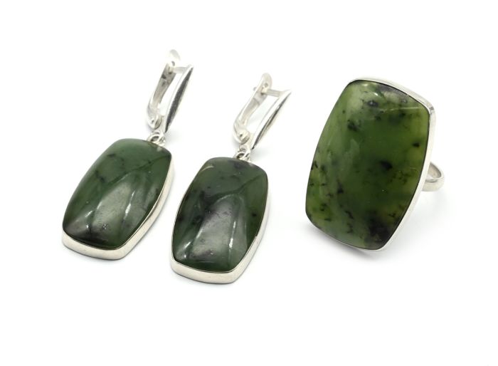 Rectangle jade ring and earrings, size-18