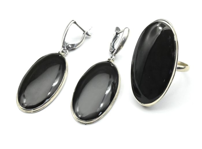 Obsidian Oval ring and earrings, size-18.5