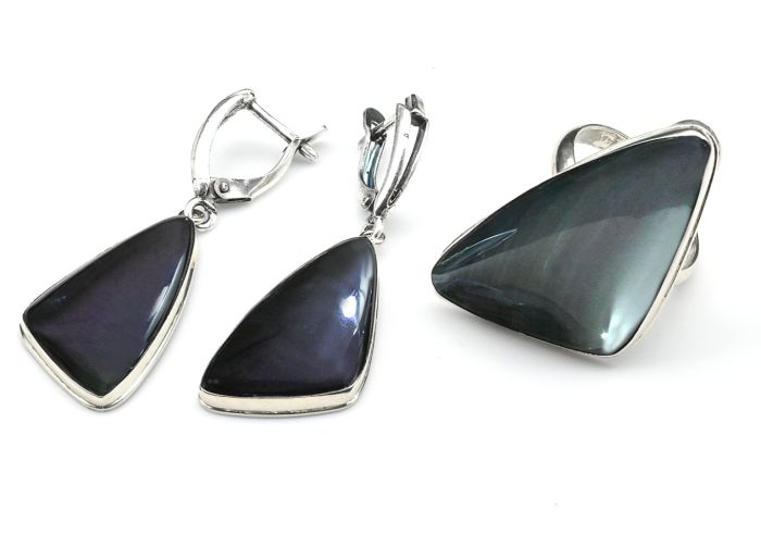 Obsidian rainbow "Grace" ring and earrings, size-17