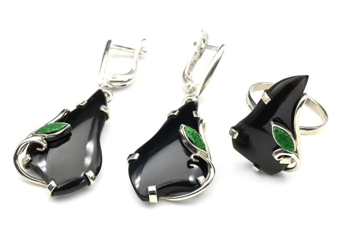 Obsidian ring and earrings, size-17.5