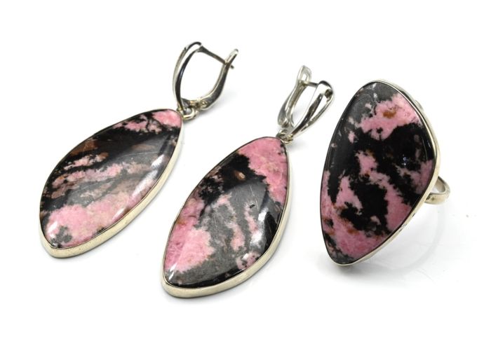 Rhodonite "Grace" ring and earrings, size-18.5