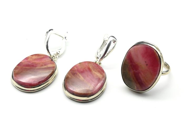 Rhodonite ring and earrings, size-17.5