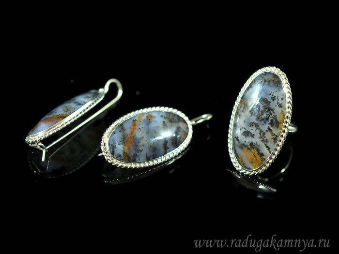 Ring and earrings with agate mokhov, size-19