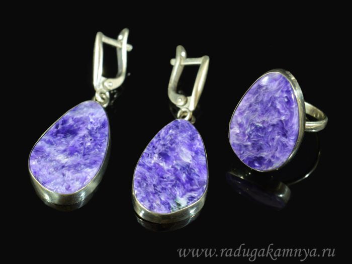 Ring and earrings with charoite, size-17