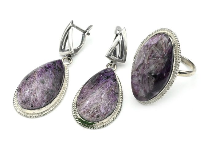 Ring and earrings with charoite, size-18