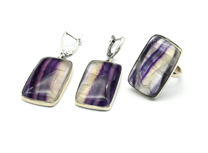 Ring and earrings with fluorite "Rectangle", size-19