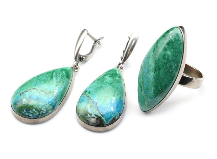 Ring and earrings with chrysocolla, size-18.5