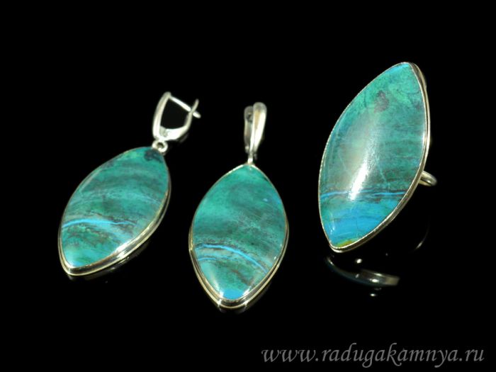 Chrysocolla ring and earrings "Rice", size-20