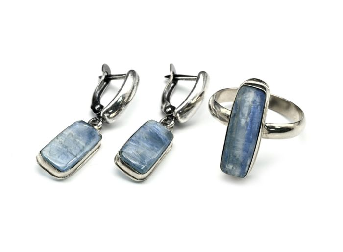 Ring and earrings with kyanite "Rectangle", size-17.5