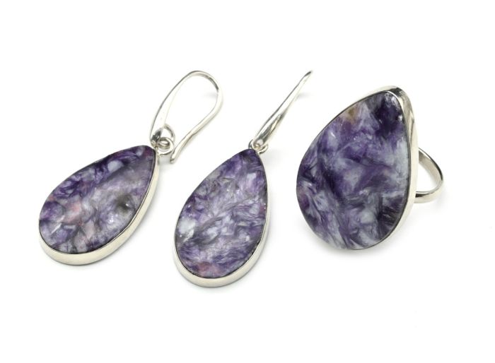 Ring and earrings with lepidolite, size-18