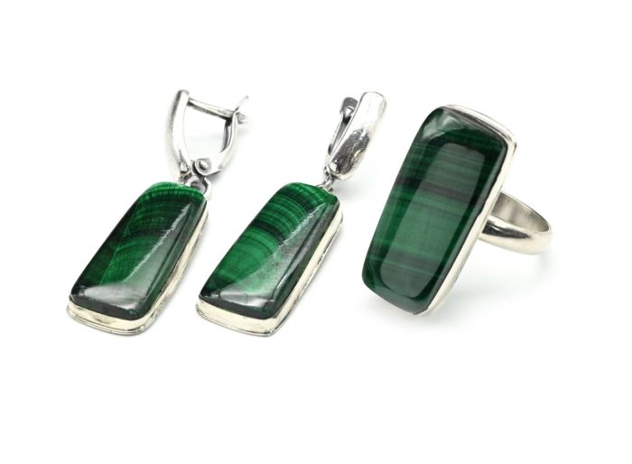 Ring and earrings with corduroy malachite, size-18