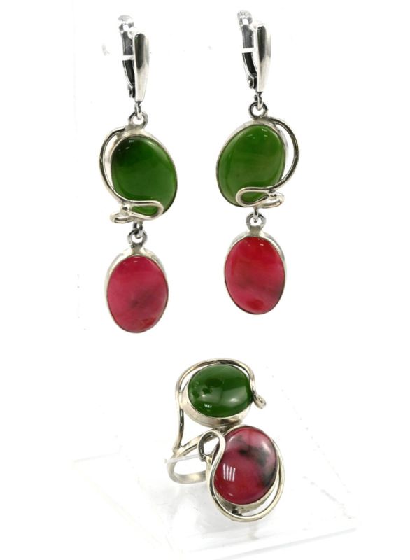 Ring and earrings with rhodonite and jade, size-17