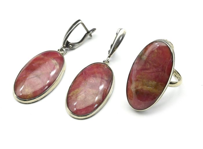 Ring and earrings with rhodonite "Oval", size-18.5