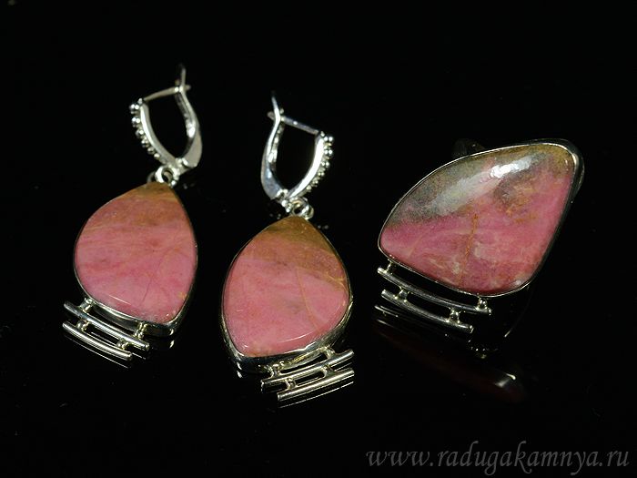 Ring and earrings with rhodonite, size-18